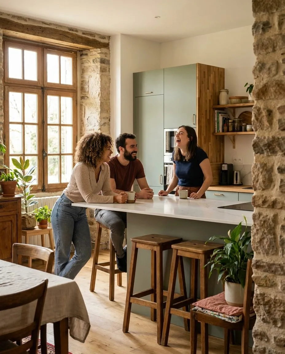 Trois habitants partagent un moment convivial dans une cuisine partagée moderne et lumineuse
